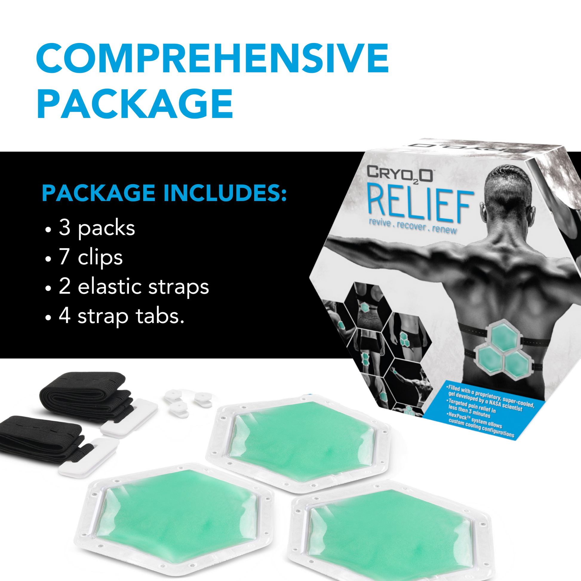 Cryo2O Relief Product box and system displayed: 3 packs, 7 clips, 2 elastic straps, 4 strap tabs.