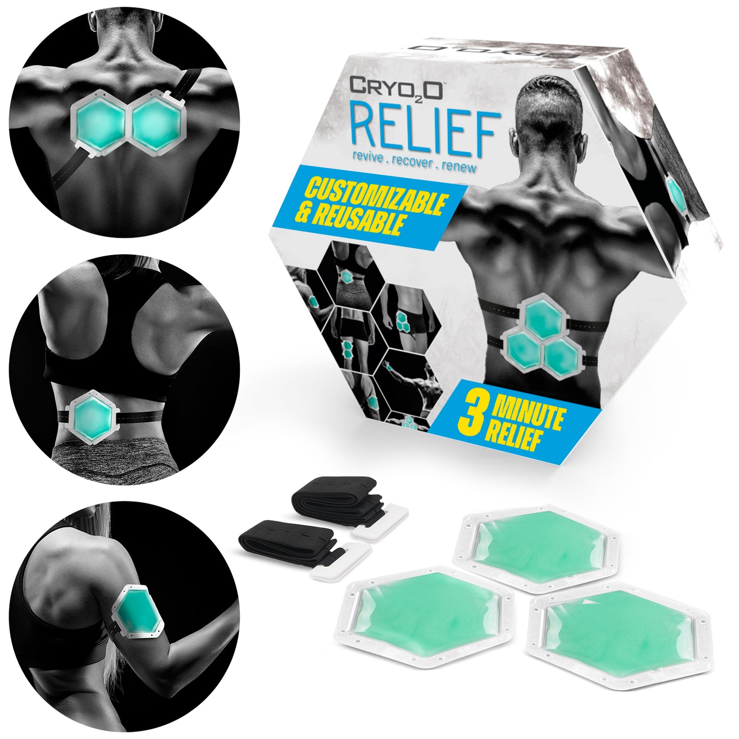 Cryo2O Relief Product and 3 insets photos of it in use