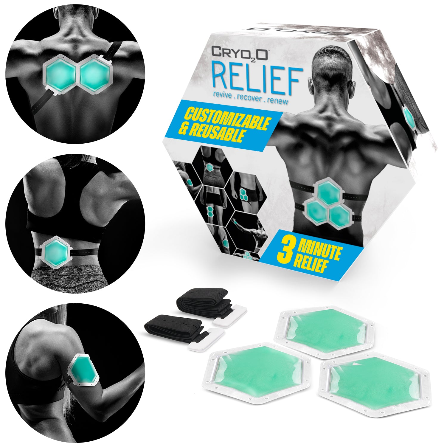 Cryo2O Relief Product and 3 insets photos of it in use