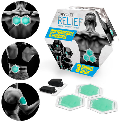 Cryo2O Relief Product and 3 insets photos of it in use